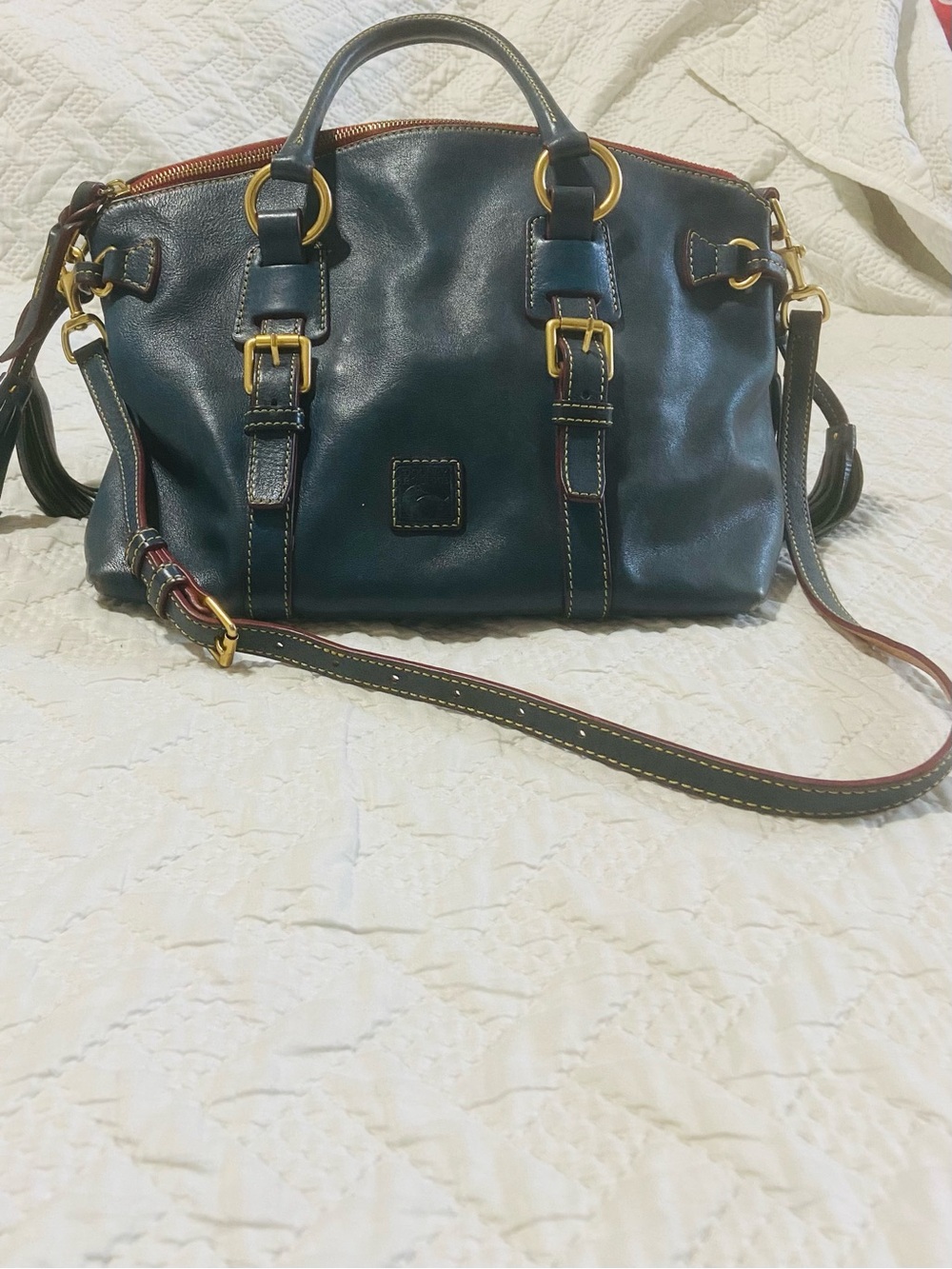 Dooney & Bourke Teal Bristol Florentine Leather Satchel with Gold and red trim